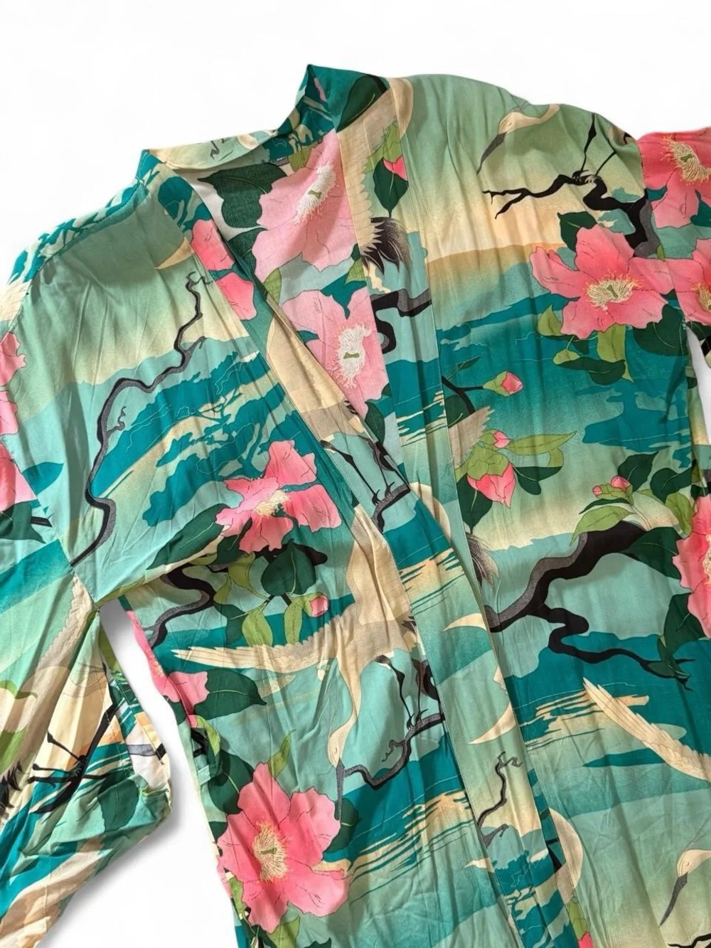 Kimono Style Floral Crane Robe Ocean Print Japanese Inspired Cover Up S/M - Picture 8 of 8